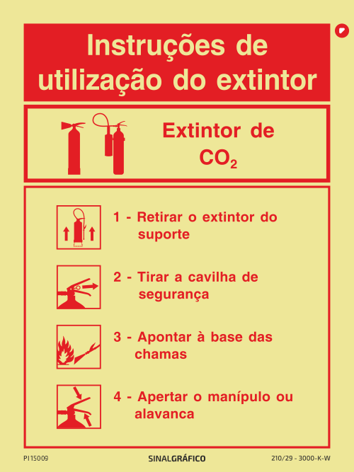 Placa de sinalética - Instruções de utilização do extintor - Extintor de CO2