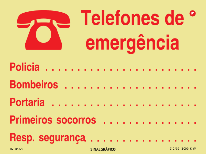 Placa de sinalética – Telefones de emergência: Polícia, Bombeiros, Por ...