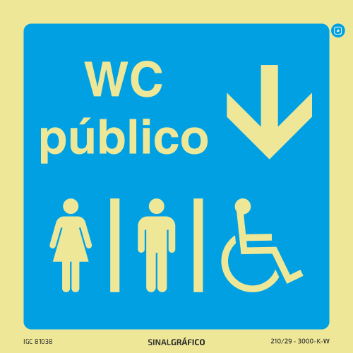 Placa de sinalética – WC público - Masculino, Feminino e deficientes aqui ↓ - Criaconsensos - Serviços Gráficos e Publicidade