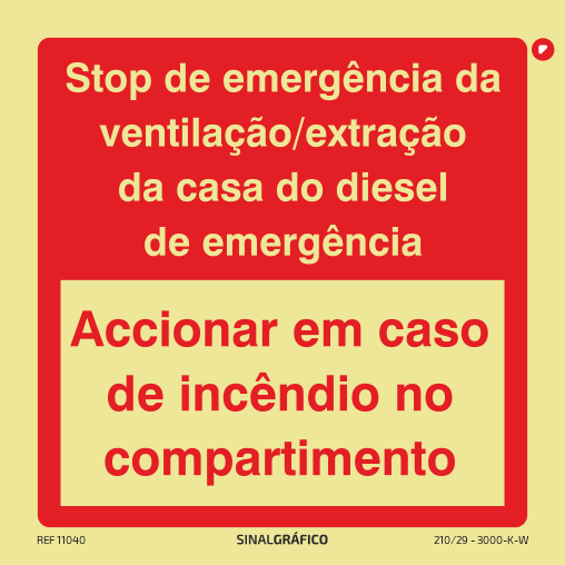 Placa de sinalética -  Stop de emergência vent. ext. da casa diesel de emergência acionar em caso de incêndio